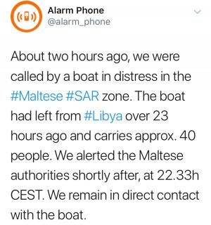 Il tweet della ong Alarm Phone sui 40 migranti al largo di Malta