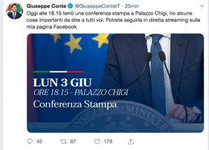 Il post di Giuseppe Conte sulla conferenza stampa