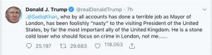 Il tweet di Donald Trump sul sindaco di Londra