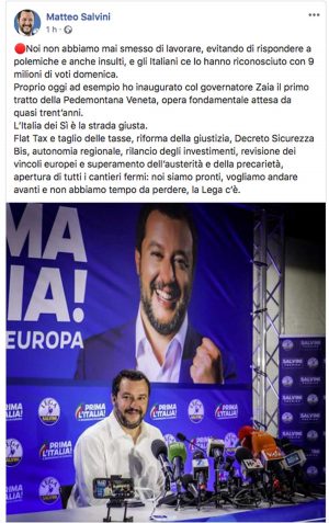 Il post di Matteo Salvini in risposta alla conferenza stampa di Conte