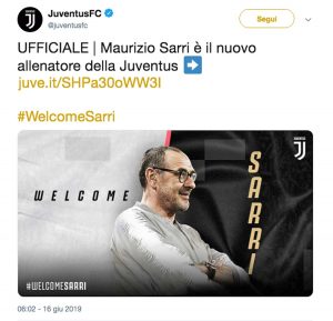 L'annuncio di Sarri alla Juventus su Twitter