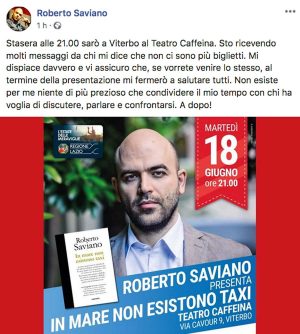 Il post di Roberto Saviano su Facebook