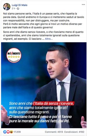 Il post di Luigi Di Maio in risposta a una possibile procedura di infrazione nei confronti dell'ItaliaIl post di Luigi Di Maio in risposta a una possibile procedura di infrazione nei confronti dell'Italia