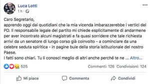 Il post di Luca Lotti sulla sua sospensione dal Pd