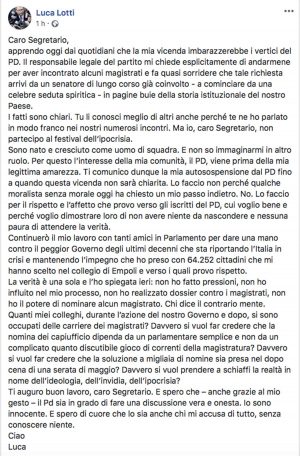 Il post di Luca Lotti sulla sua sospensione dal Pd