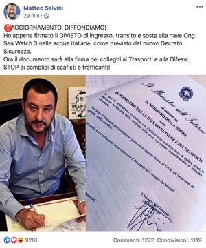 Il post del ministro Matteo Salvini