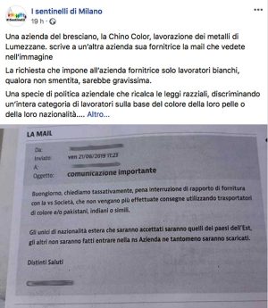 Brescia - Il post sul profilo Facebook delle Sentinelle di Milano