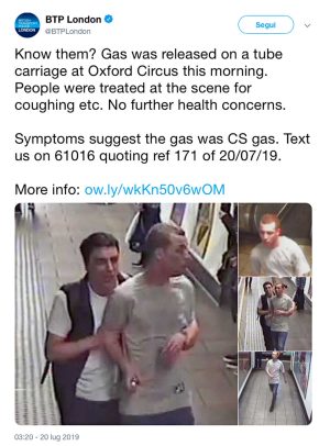 Attacco con gas lacrimogeno alla metropolitana di Londra