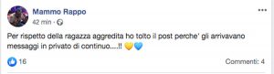 Mammo Rappo annuncia su Facebook di aver tolto il post sull'aggressione di una ragazza a Valle Faul
