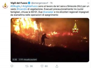 Siniscola - Il Tweet dei vigili del fuoco sull'incendio