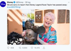 Il post della Disney che annuncia la morte di Russi Taylor