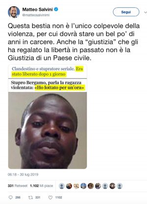 Il tweet di Matteo Salvini sullo stupro di Bergamo