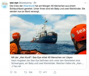 Libia - Il Tweet della Sea Eye sui 40 migranti salvati dalla Alan Kurdi