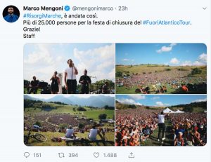 Il Tweet di Marco Mengoni per ringraziare il pubblico di RisorgiMarche