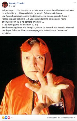 Il post di Renato D'Herin sulla morte del mago Gabriel