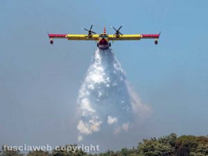 Monte Romano - Il canadair dei vigili del fuoco interviene sull'incendio