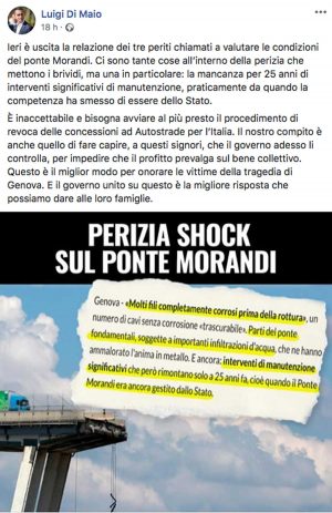 Il post di Luigi Di Maio sulla perizia dei tecnici del gip relativa a ponte Morandi