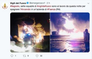 Faenza - Il post dei vigili del fuoco sull'incendio nel magazzino