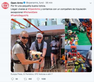 Lampedusa - Il post di Open arms sull'arrivo di Richard Gere e sull'aiuto che sta dando all'associazione