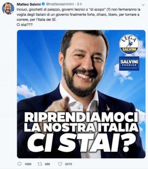 Il Tweet di Matteo Salvini su un possibile accordo tra M5s e Pd per un nuovo esecutivo