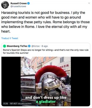 Il tweet di Russel Crowe sul nuovo regolamento di polizia urbana per Roma