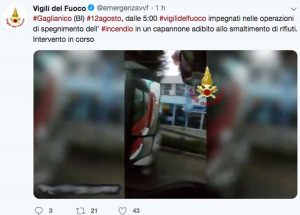 Gaglianico - Il Tweet dei vigili del fuoco sull'incendio in un'azienda di recupero plastica