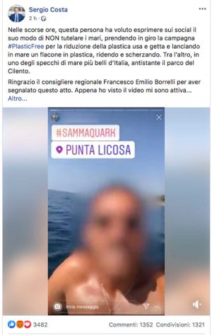 Salerno - Si riprende mentre getta una bottiglia in mare - Il post del ministro Costa
