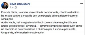 Il post di Silvio Berlusconi per la morte di Nadia Toffa