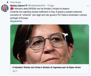 Il post di Matteo Salvini in risposta alla ministra Trenta che non ha firmato il decreto sulla Open arms