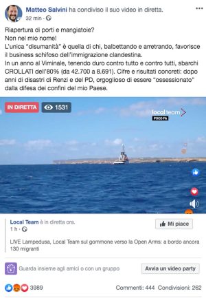 Il post di Matteo Salvini sul caso Open arms