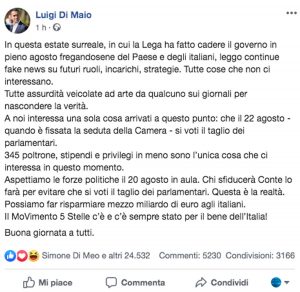Il post di Luigi Di Maio che smentisce la promessa della poltrona di premier