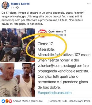 Il post di Matteo Salvini contro la ong Open arms