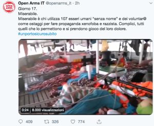 Il post di Open arms al 17esimo giorno in mare