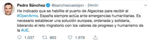 Il twitter del premier spagnolo Pedro Sancher