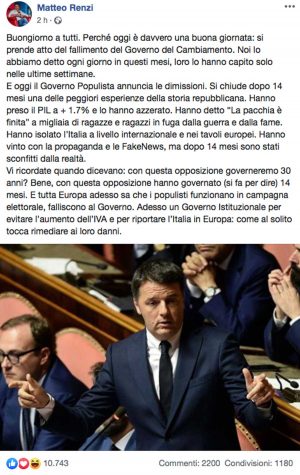 Il post di Matteo Renzi sul fallimento del governo
