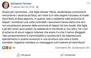 Il post di Salvatore Ferraro che racconta l'episodio vissuto a Ibiza dalla figlia