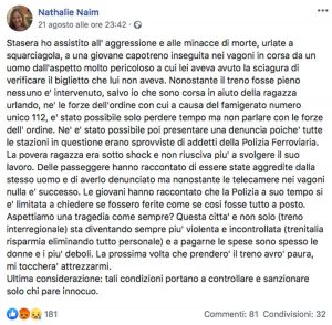 Il post dove la consigliera comunale Nathalie Naim racconta l'aggressione alla capotreno sulla Roma - Viterbo