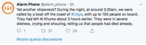 Tripoli - Il tweet di Alarm phone che annuncia una nuova emergenza in mare