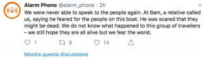 Tripoli - Il tweet di Alarm phone che annuncia una nuova emergenza in mare