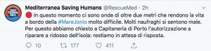 Lampedusa - Il tweet di Mediterranea Saving Humans sulla situazione a bordo della nave Mare Jonio