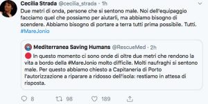 Lampedusa - Il Tweet di Cecilia strada sulla situazione a bordo della nave Mare Jonio