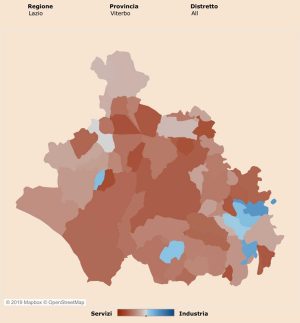 Lavoro - Suddivisione dell'impiego tra industria e servizi nella Tuscia