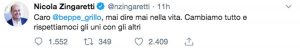Il Tweet di Nicola Zingaretti in risposta al video di Beppe Grillo
