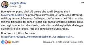 Il post di Luigi Di mio su i 20 punti del programma del M5s