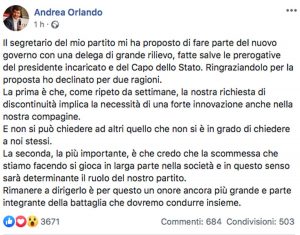 Viterbo - Il post di Andrea Orlando che chiarisce di non far parte della squadra del possibile  governo