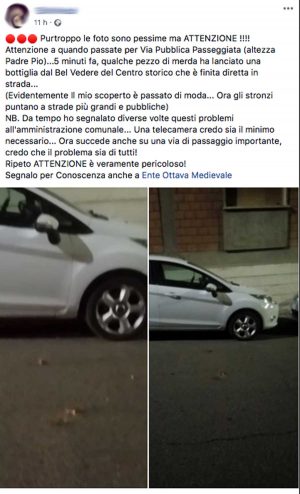 Orte - Bottiglia vola dal belvedere in strada
