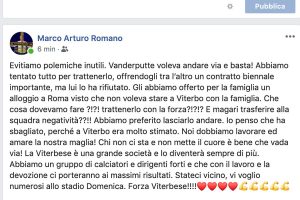 Sport - Calcio - Viterbese - Lo sfogo social di Marco Arturo Romano