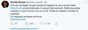 Malta - Il tweet di Cecilia Strada sulla situazione a bordo della Alan Kurdi