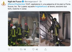 Roma - Il Tweet dei vigili del fuoco sull'esplosione a Tor Lupara