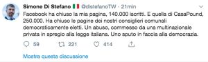 Il Tweet di Simone Di Stefano sulla cancellazione delle pagine social di Casapound